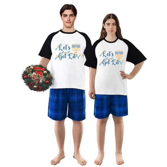 LuLiaMenton Matching Couples Hanukkah Pajamas Let's Get Lit Blue Plaid Short Sleeve Shorts Set