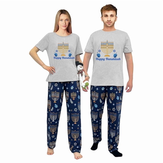 LuLiaMenton Matching Couples Hanukkah Pajamas Menorah Dreidel Short Sleeve Long Pants Set