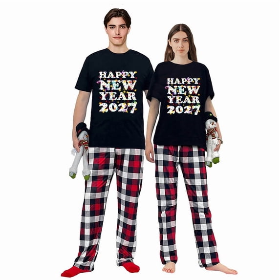 LuLiaMenton Matching Couples New Year Pajamas 2027 Plaid Short Sleeve Long Pants Set