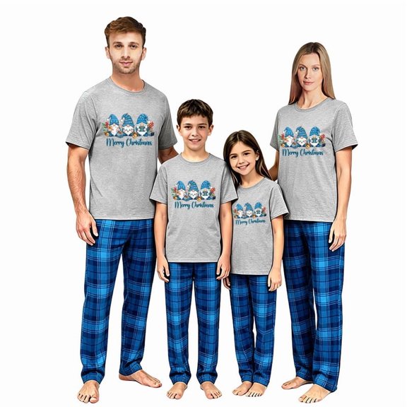 LuLiaMenton Matching Family Christmas Pajamas, Blue Gnomes Plaid Short Sleeve Set