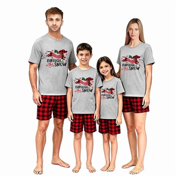 LuLiaMenton Matching Family Christmas Pajamas Dachshund Snow Plaid Short Sleeve Shorts Set