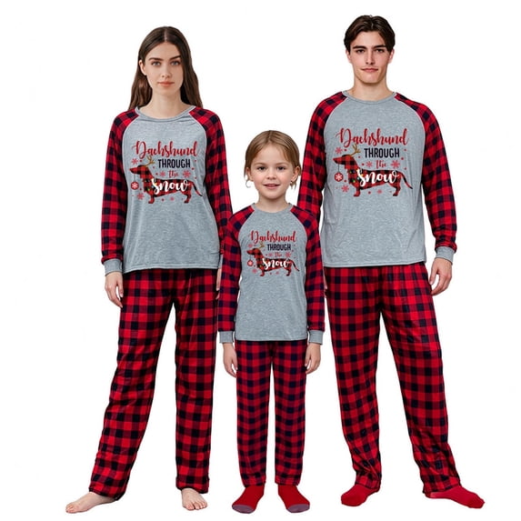LuLiaMenton Matching Family Christmas Pajamas, Dachshund Through Snow Long Sleeve Buffalo Plaid