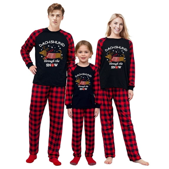 LuLiaMenton Matching Family Christmas Pajamas, Dachshund Through Snow Long Sleeve Red Plaid Pants