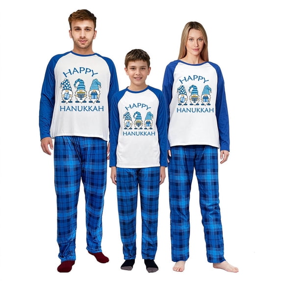 LuLiaMenton Matching Family Hanukkah Pajamas, Happy Hanukkah Gnomes Long Sleeve Blue Plaid Pants