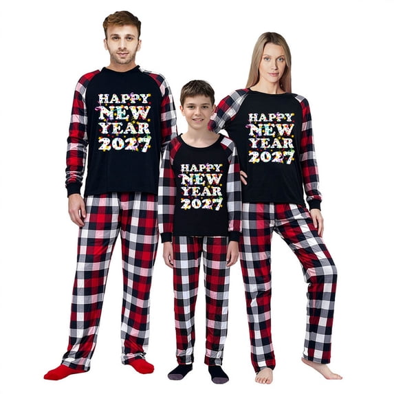 LuLiaMenton Matching Family New Year Pajamas, Happy New Year 2027 Long Sleeve Plaid Pants
