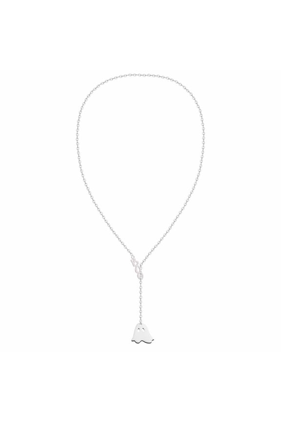Silvertone Y Lariat Necklace, Boo Ghost Pendant Halloween Neck Jewelry