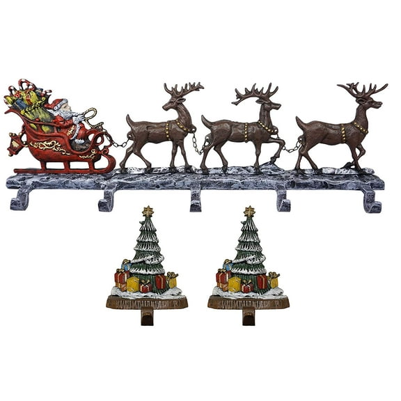 LuLu Decor, 100% cast iron decorative Christmas Stocking Holders, Deer with 5 hooks and 2 Trees solid hooks, beautiful design