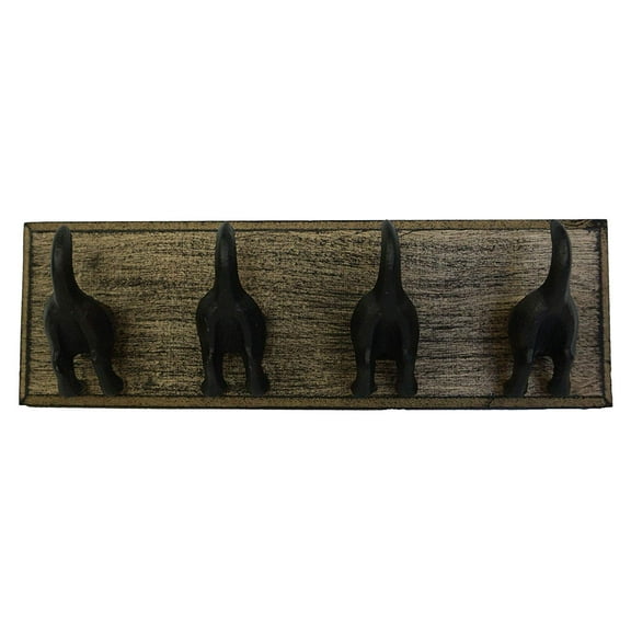 LuLu Decor, Cast Iron Dog Tail Hooks 4 Hooks on a Wood