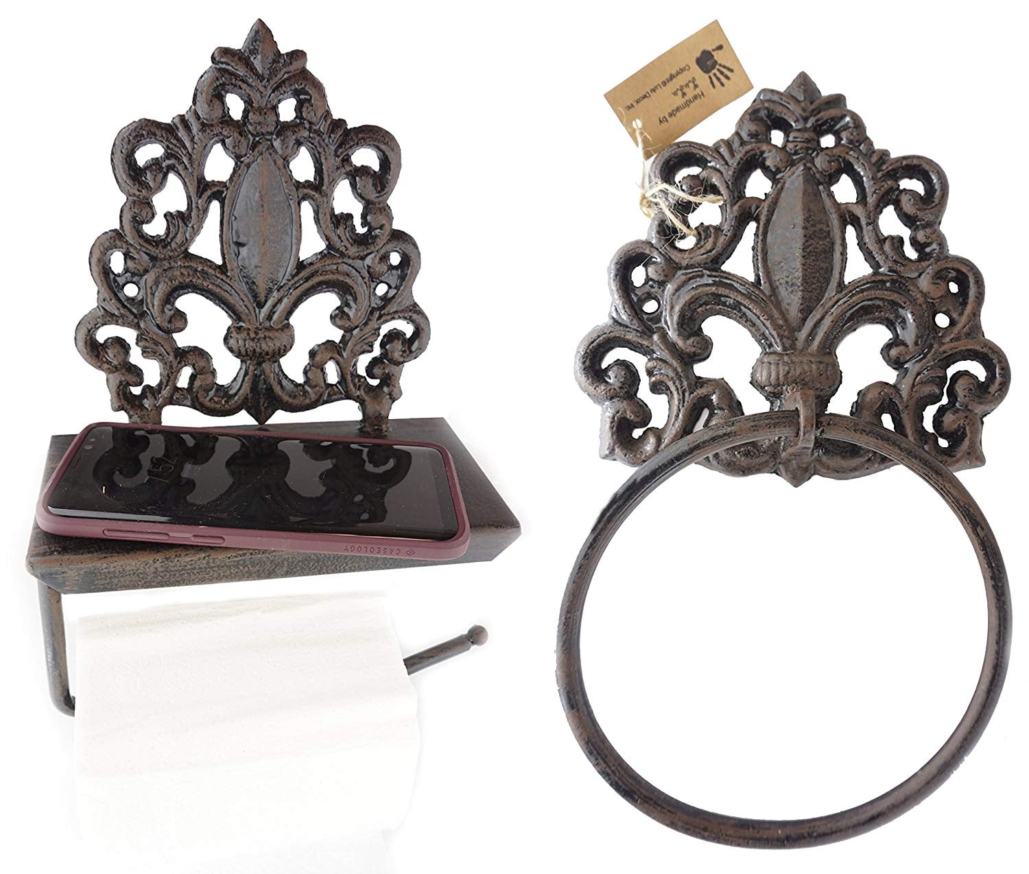 Rustic Antique Brown Cast Iron Fleur De Lis Toilet Tissue and Towel Holder Set