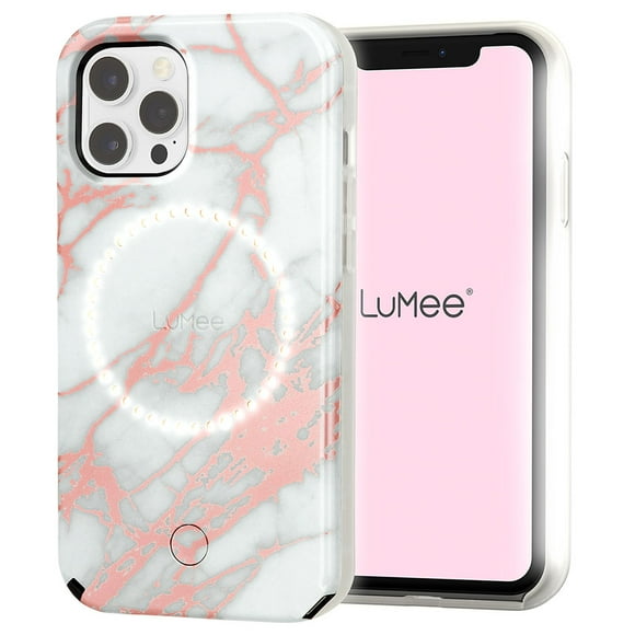LuMee Halo Light Up Selfie Case for Apple iPhone 12 and 12 Pro - Rose Gold White Marble