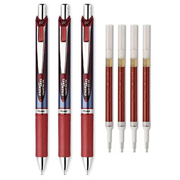 LuPro Liquid Gel Ink Pen Set Kit, Pack of 3 with 4 Refills (Red - 0.7mm, Needle Tip) (Red)