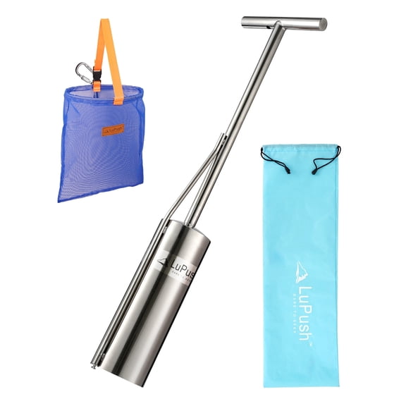 LuPush Clam Gun - Heavy Duty Stainless Steel with Vent Tube and Valve, 36 Inch Clamming Gun, 5 Inch Diameter Razor Clam Digger, Includes Sand Free Storage Bag and Clam Bag