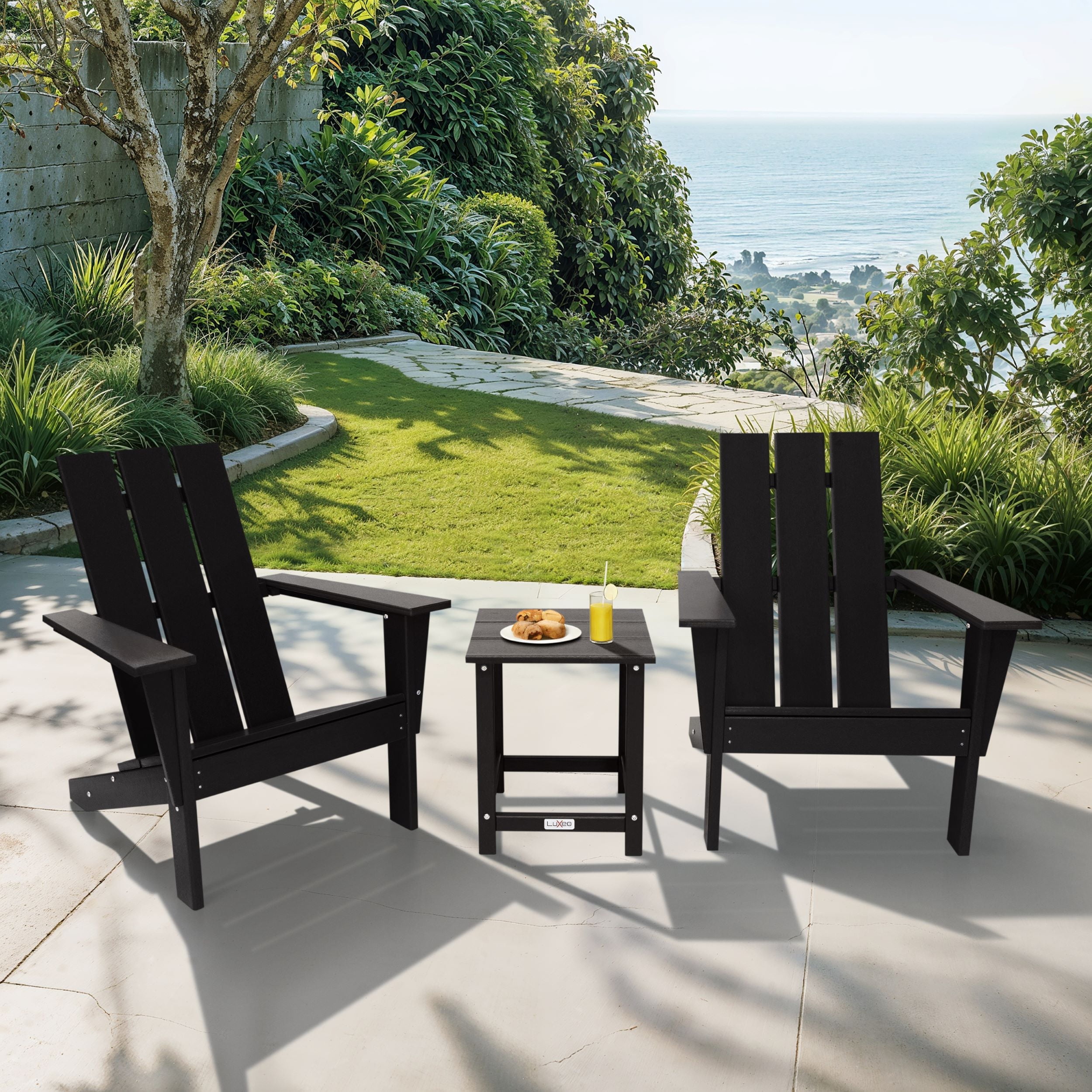 Arcadia Black HDPE 3-Piece Outdoor Adirondack Chair and Table Set