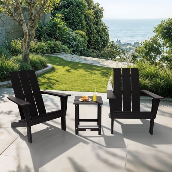 LuXeo Arcadia Black HDPE Outdoor Adirondack Chair and Table Set (3-Piece)