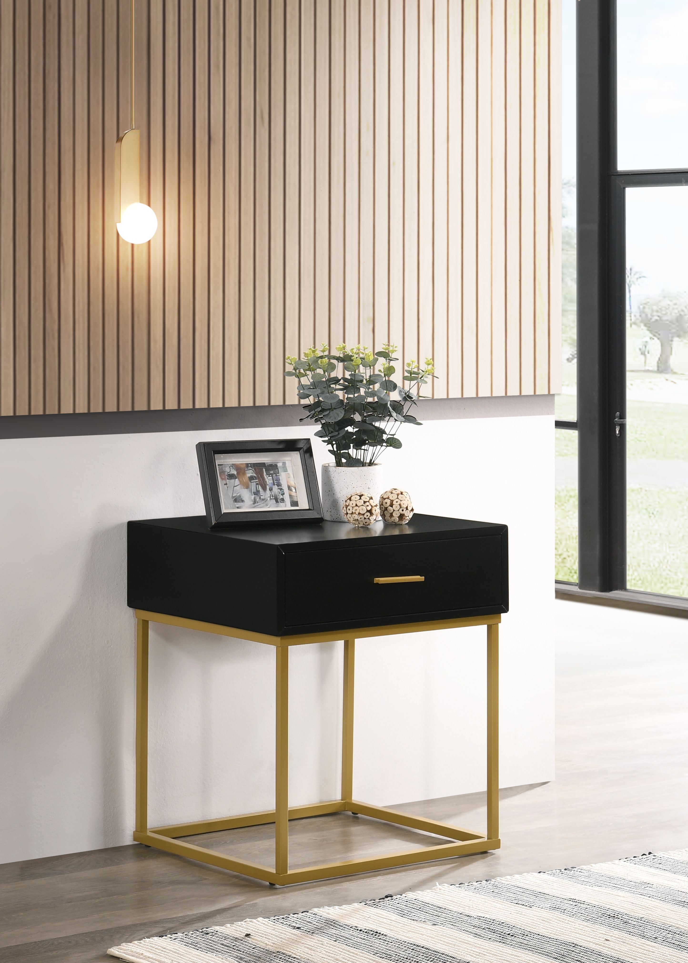 Catalina Black Rubberwood Nightstand with Gold Accents