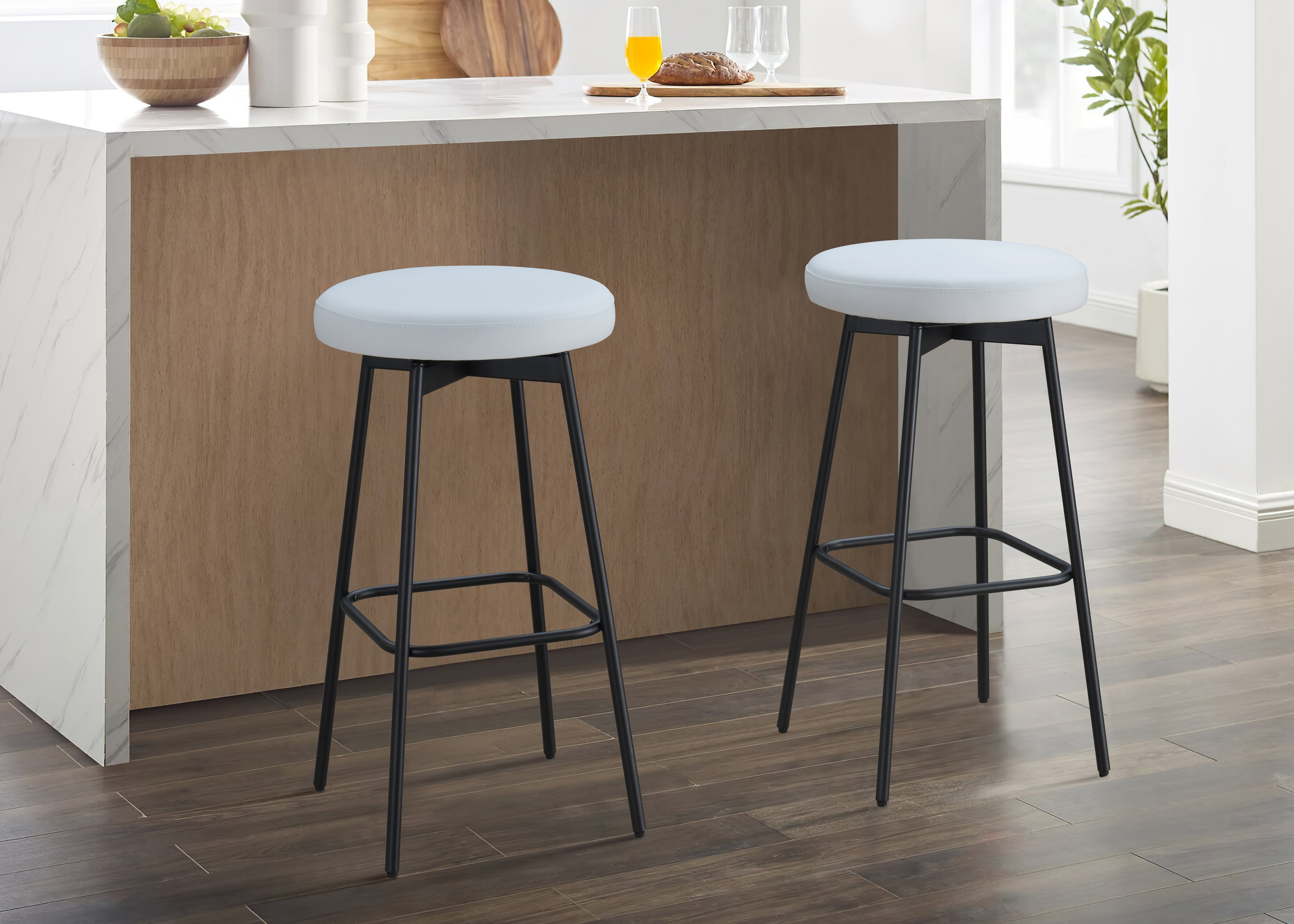 White Upholstered Swivel Barstool with Black Steel Legs, Set of 2