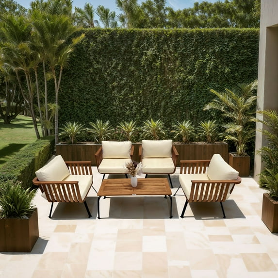 LuXeo Java Teak Wood Deep Bowl Outdoor Sofa Set, 5-Piece, Brown