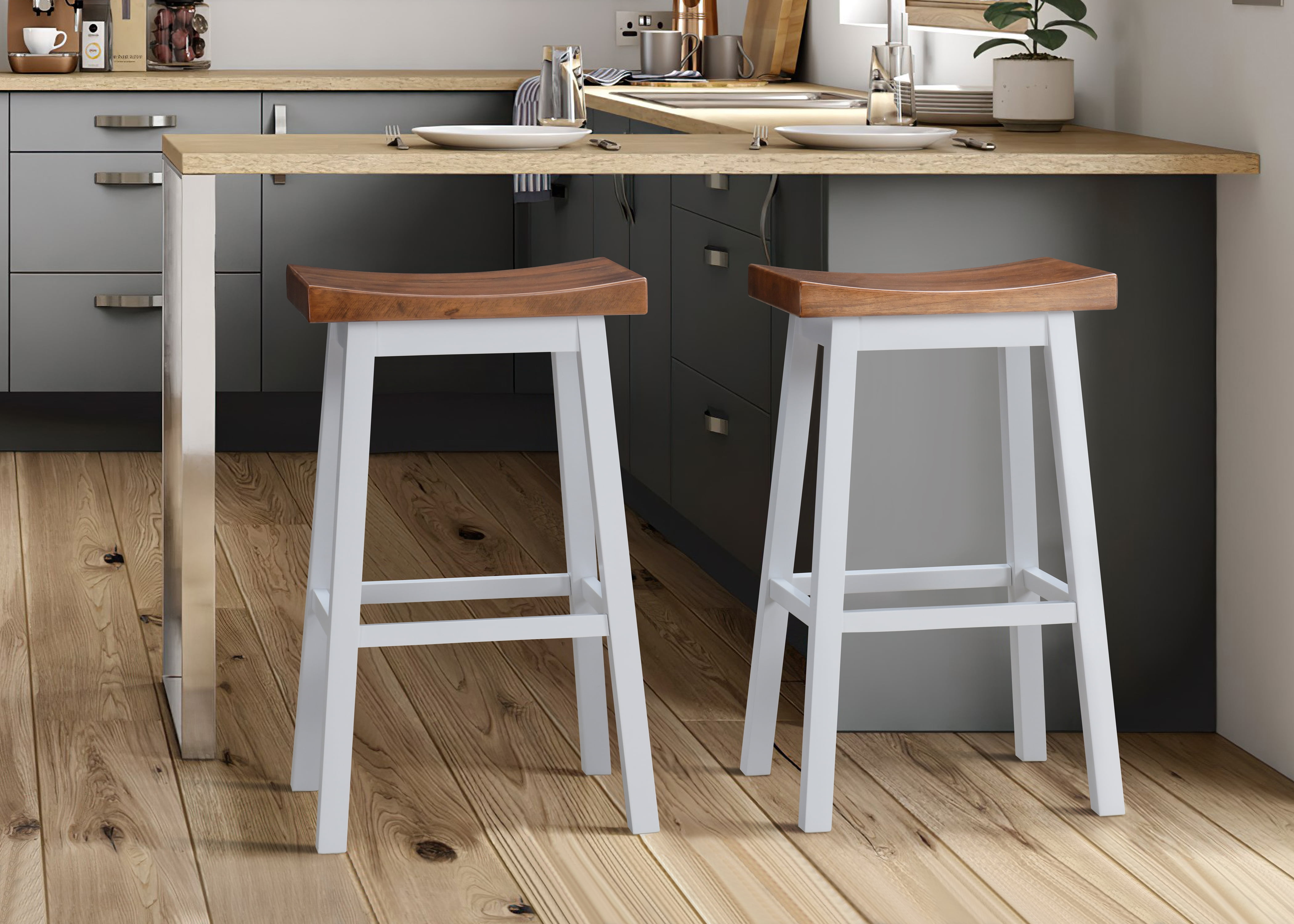 Lakewood 24" Walnut and White Solid Wood Saddle Barstool Set