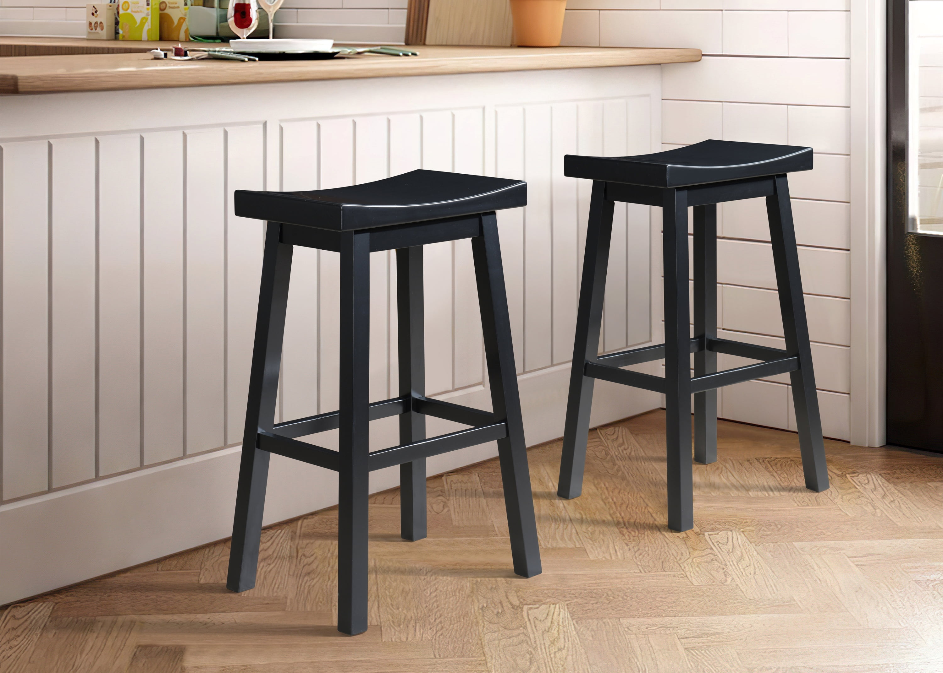 Black Rubberwood Saddle Barstools with Footrest, Set of 2