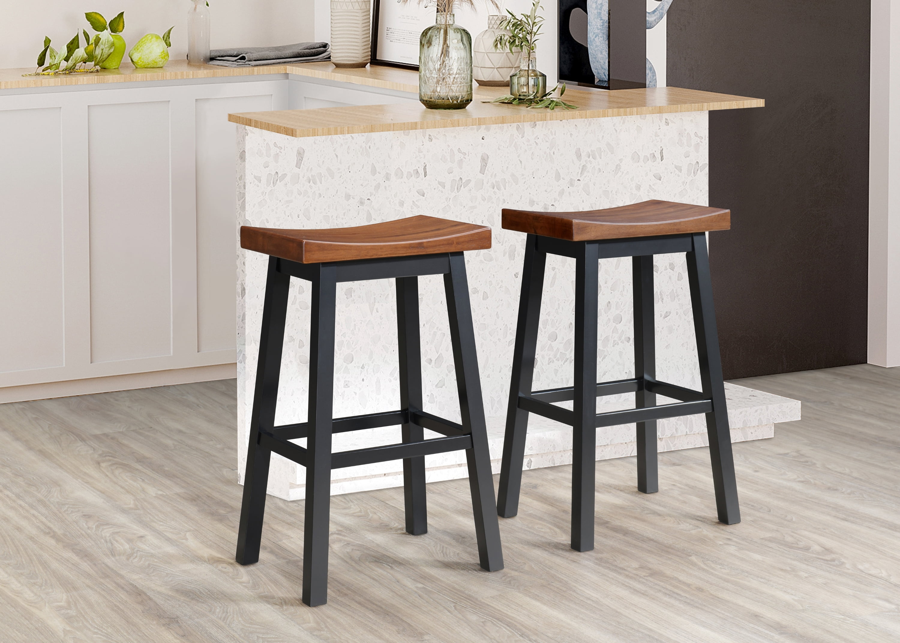 LuXeo Lakewood 29" Solid Wood Saddle Barstool Walnut Finish Set of 2 ...