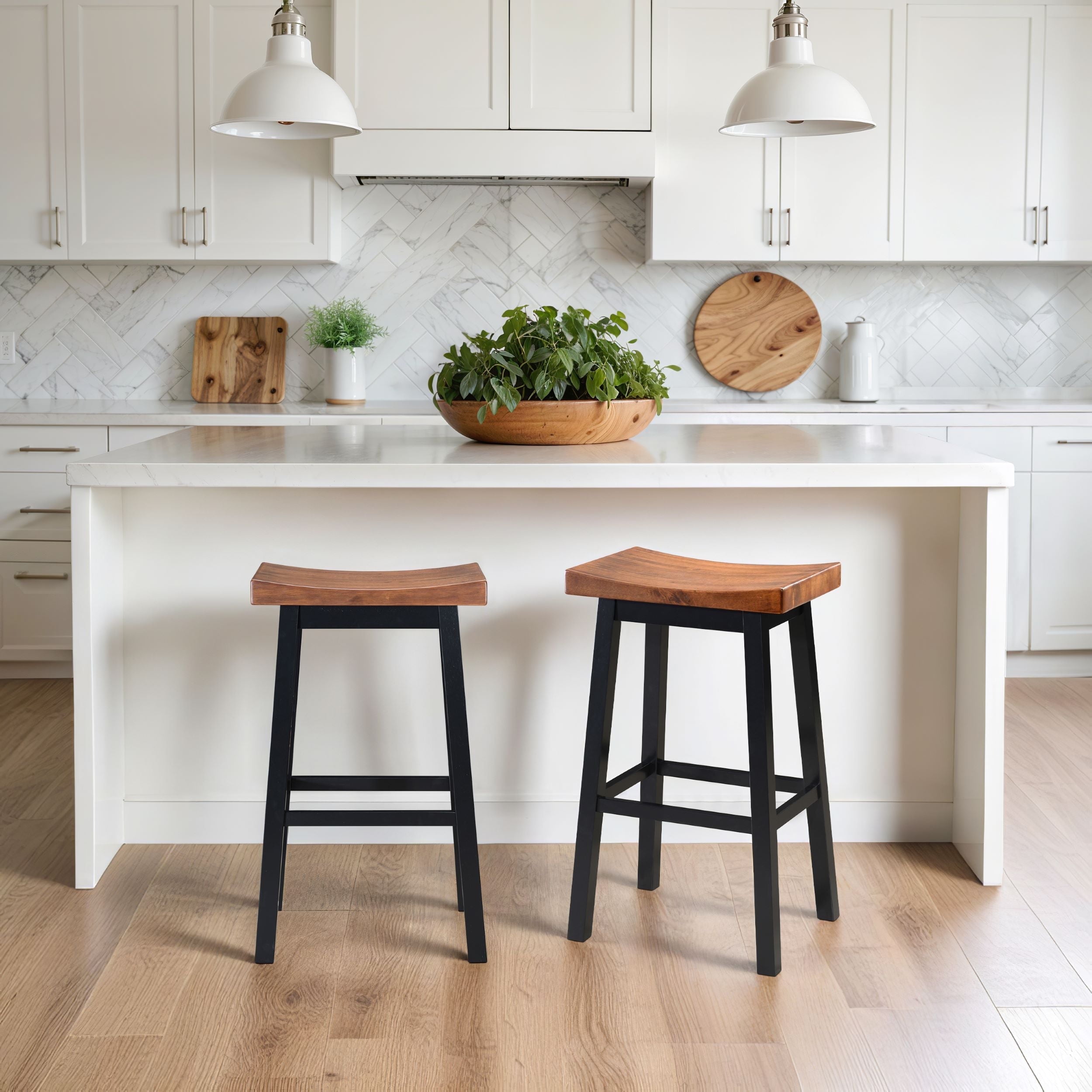 Rustic Farmhouse 29" Rubberwood Saddle Barstool, Brown, Set of 2