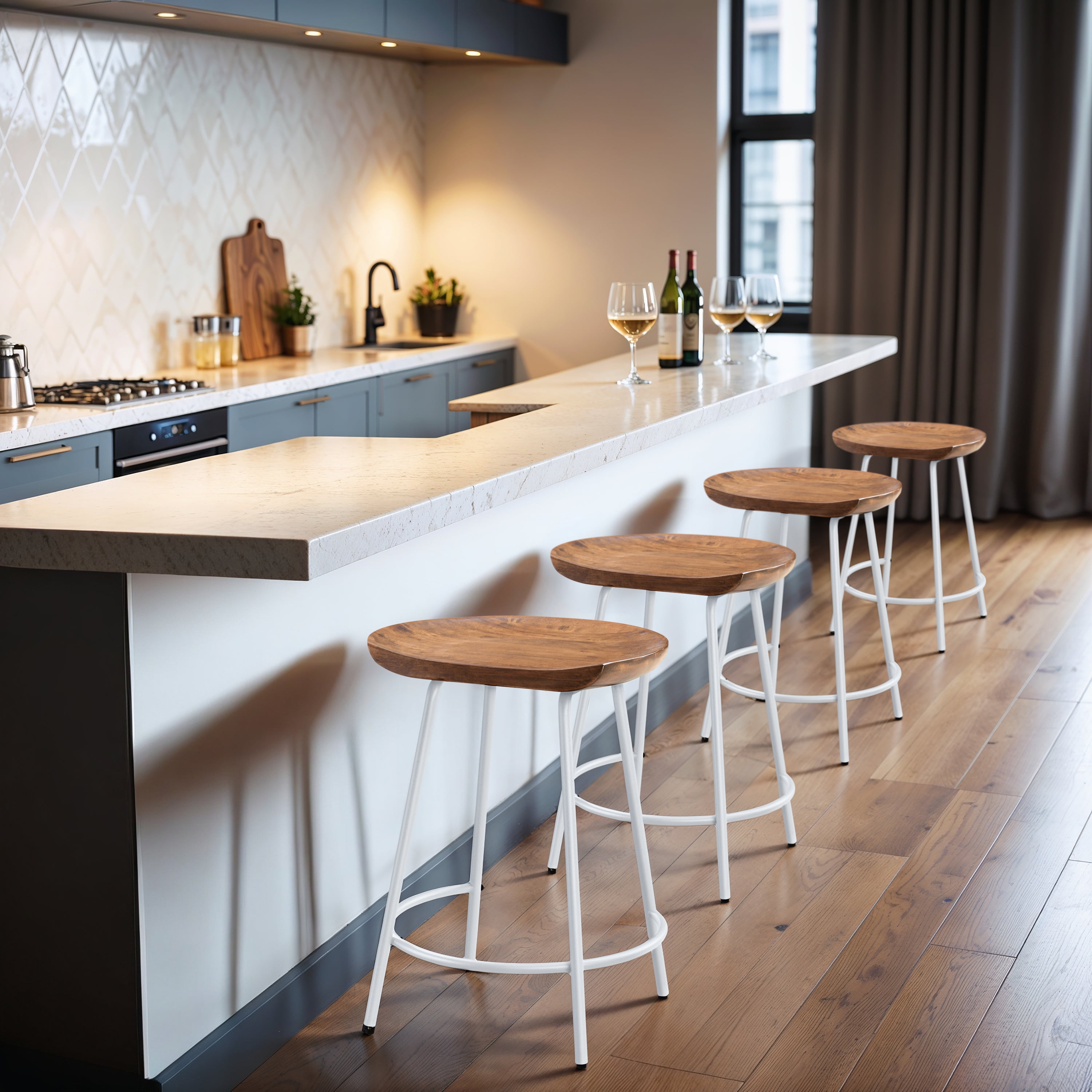 Milano 24" White Steel and Walnut Wood Finish Modern Barstool