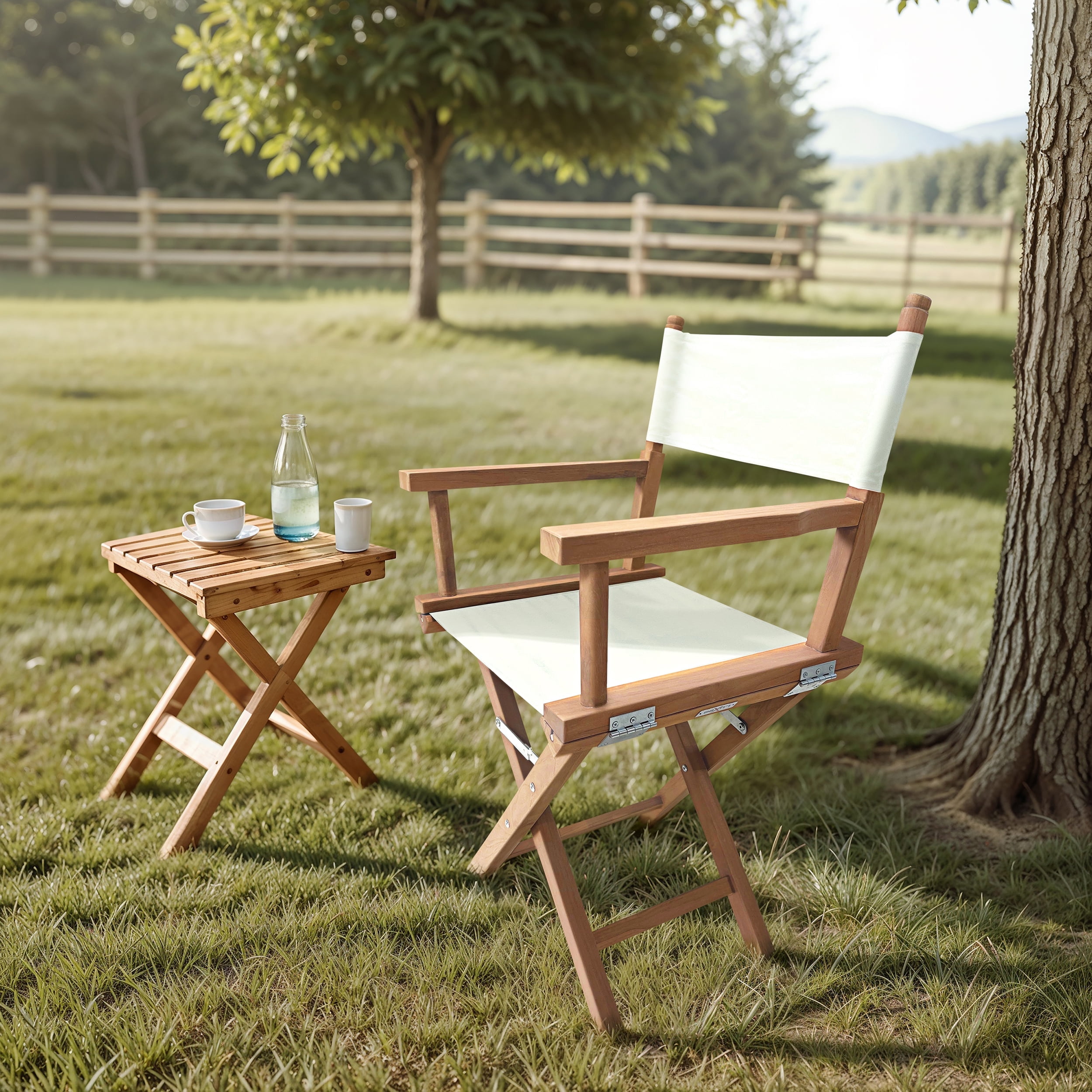 White Teak Director Chair with Fabric Sling Seat