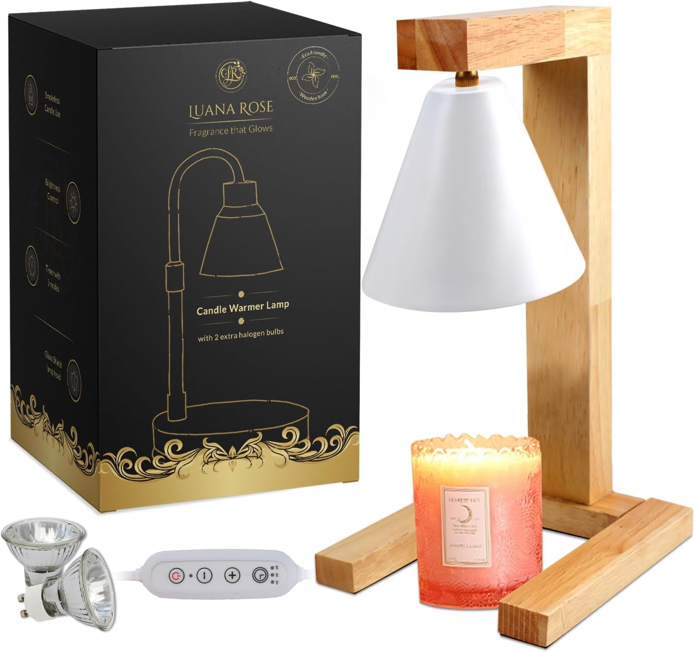 Luana Rose Candle Warmer Lamp With Timer & Dimmable Light - Black Round Base For Jar Candles