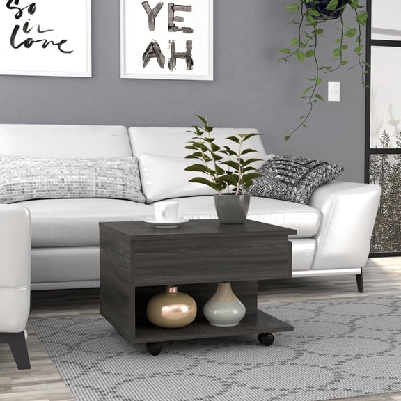 Luanda Lift Top Coffee Table on Wheels with Casters, Espresso Wood Veneer Living Room Table with Hidden Storage and Shelf, Mobile Work Surface for Small Apartment