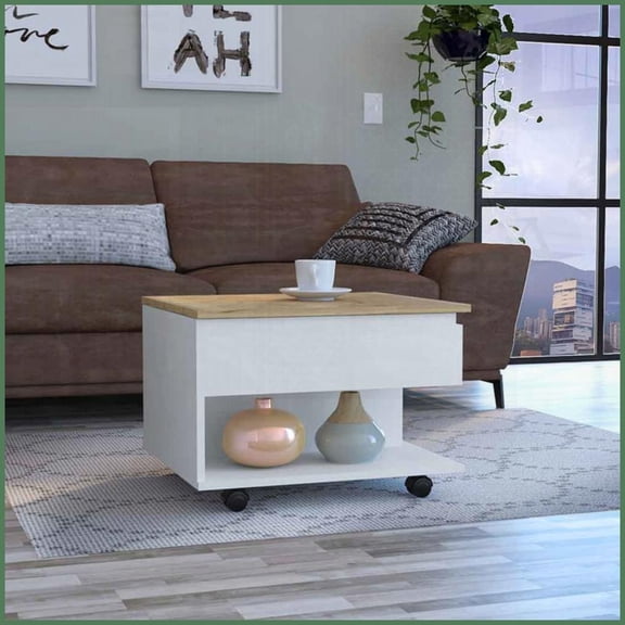 Luanda Lift Top Coffee Table with Concealed Storage, Open Shelf & Locking Wheels, 21.6"W x 19.6"D