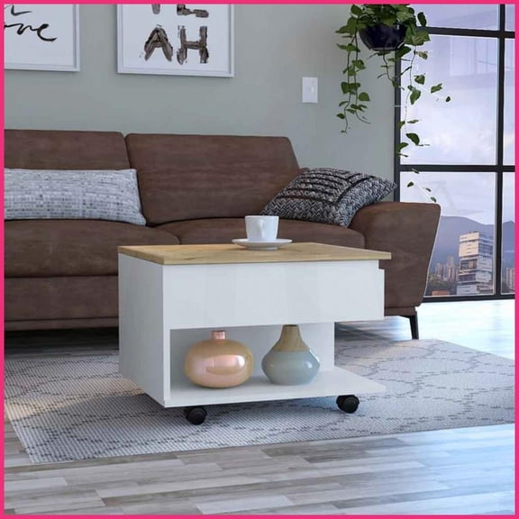Luanda Lift Top Coffee Table with Hidden Storage, 21.6" W x19.6" D, Locking Wheels & Open Shelf for Living Room