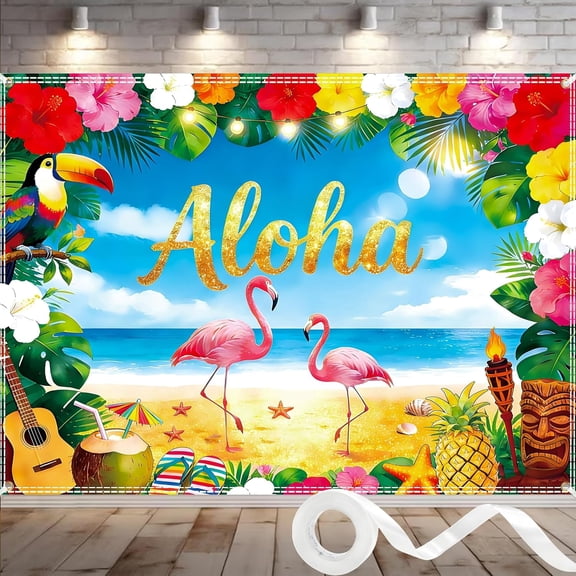 Luau Backdrop Aloha Hawaiian Background Musical Tropical Tiki Themed Party with Ribbon Decorations Banner Photo Booth Props