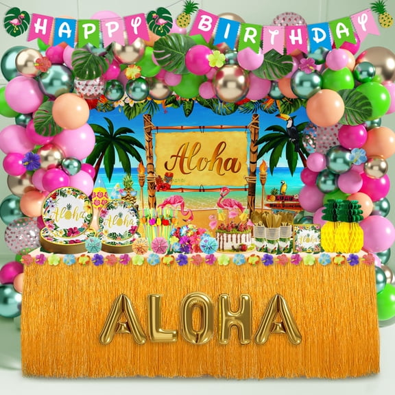 Luau Birthday Party Decorations 321Pcs Hawaiian Tropical Aloha Party Supplies for Summer Beach Holiday Disposable Dinnerware Set (24 Guest) Table Skirt Straws Backdrop Banner Balloon Garland Kit Y101