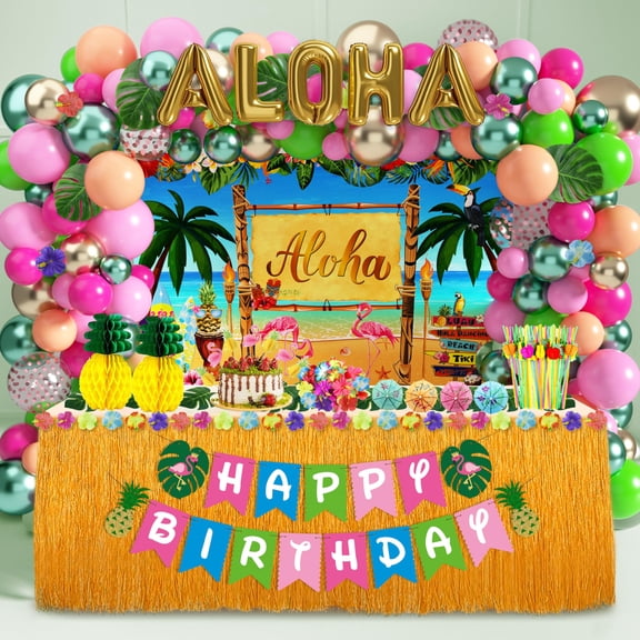 Luau Birthday Party Decorations Hawaiian Party Decorations 169 Tropical Aloha Party Supplies for Summer Beach Holiday Including Balloon Arch Kit Backdrop Table Skirt Banner Cake Toppers Straws C113