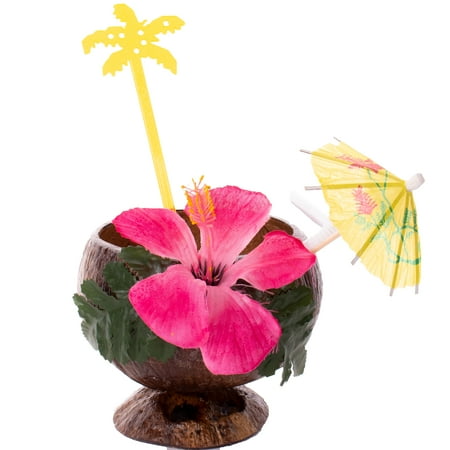 Luau Coconut Cup, Parasol Pick & Stirrer 4pc Party Drinkware Pack, Brown Multi