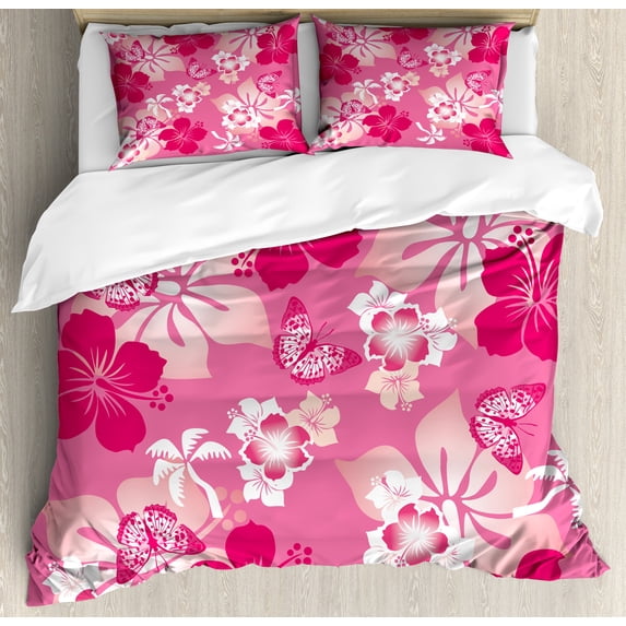Luau Duvet Cover Set, Abstract Hibiscus Pattern Dreamlike Fantasy Composition with Butterflies, Decorative 3 Piece Bedding Set with 2 Pillow Shams, Queen Size, Pink Pale Peach White, by Ambesonne