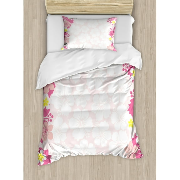 Luau Duvet Cover Set, Graphic Frame of Pink Hibiscus Flourish Hawaiian Nature Abstract Style, Decorative 2 Piece Bedding Set with 1 Pillow Shams, Twin Size, Pink Yellow and Peach, by Ambesonne