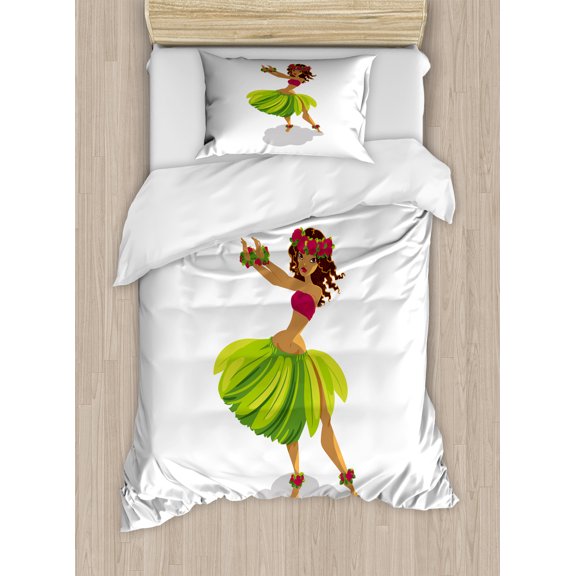 Luau Duvet Cover Set, Graphic of a Hula Dancer Girl Dancing with Aloha Lettering Summer Vibes, Decorative 2 Piece Bedding Set with 1 Pillow Shams, Twin Size, White Magenta Lime Green, by Ambesonne