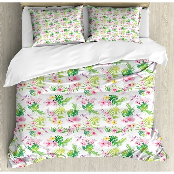 Luau Duvet Cover Set, Hawaiian Flower Hibiscus with Exotic Green Leaves and Birds Botany Print, Decorative 3 Piece Bedding Set with 2 Pillow Shams, King Size, Pale Pink Yellow Green, by Ambesonne