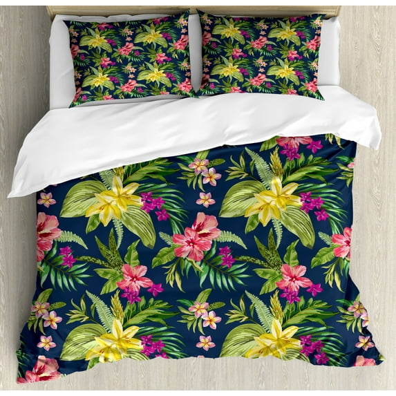 Luau Duvet Cover Set King Size, Blooming Jungle Setting with Watercolor Effect Hawaiian Flowers, Decorative 3 Piece Bedding Set with 2 Pillow Shams, Dark Slate Blue and Multicolor, by Ambesonne