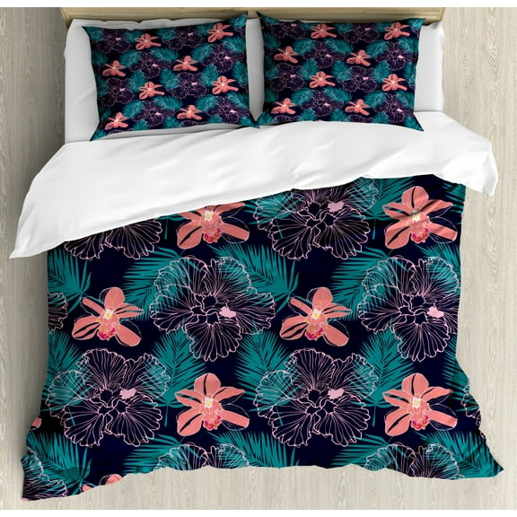 Luau Duvet Cover Set King Size, Illustration of Continuous Leaves and Hibiscus on Dark Backdrop, Decorative 3 Piece Bedding Set with 2 Pillow Shams, Charcoal Grey Teal and Coral, by Ambesonne