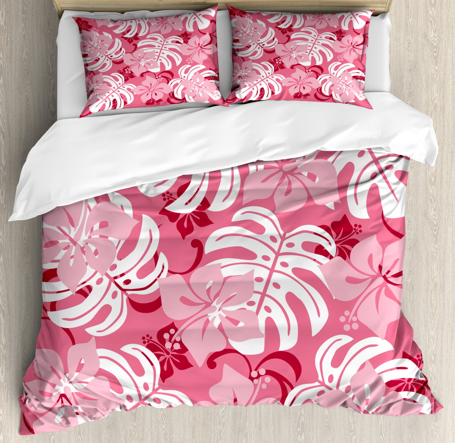 Pink and White Hibiscus Flower Queen Duvet Cover Set