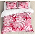 thumbnail image 1 of Luau Duvet Cover Set Queen Size, Hibiscus Flower with Monstera Leaves Rainforest Plants Fresh Nature Motif, Decorative 3 Piece Bedding Set with 2 Pillow Shams, Pink White and Ruby, by Ambesonne, 1 of 3
