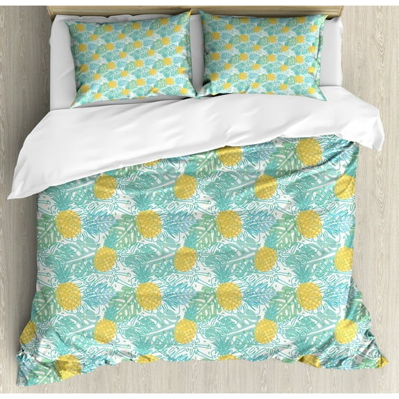 Luau Duvet Cover Set, Summer Season Layout of Repeating Leaves and Pineapples Silhouettes, Decorative 3 Piece Bedding Set with 2 Pillow Shams, King Size, Earth Yellow Seafoam, by Ambesonne