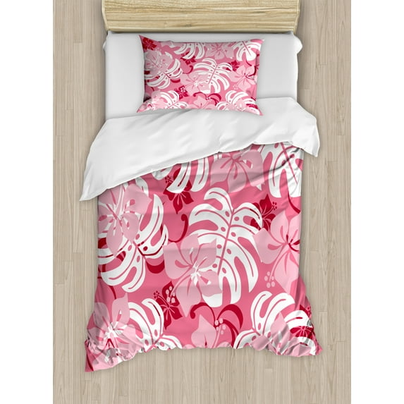 Luau Duvet Cover Set Twin Size, Hibiscus Flower with Monstera Leaves Rainforest Plants Fresh Nature Motif, Decorative 2 Piece Bedding Set with 1 Pillow Sham, Pink White and Ruby, by Ambesonne