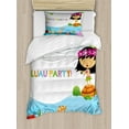 thumbnail image 1 of Luau Duvet Cover Set Twin Size, Hula Girl on a Turtle Swims in Sea with Creatures Luau Party Text, Decorative 2 Piece Bedding Set with 1 Pillow Sham, Pale Sky Blue Multicolor, by Ambesonne, 1 of 3