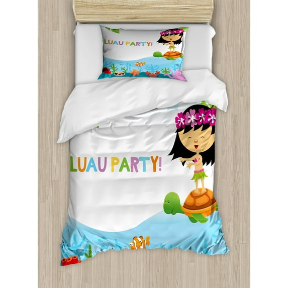 Luau Duvet Cover Set Twin Size, Hula Girl on a Turtle Swims in Sea with Creatures Luau Party Text, Decorative 2 Piece Bedding Set with 1 Pillow Sham, Pale Sky Blue Multicolor, by Ambesonne