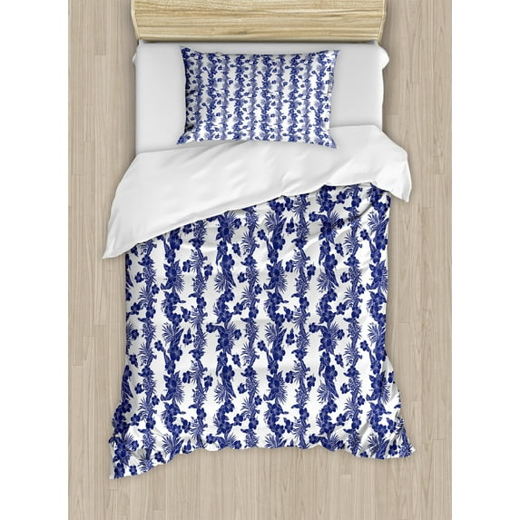 Luau Duvet Cover Set, Vertical Branches of Hibiscus Plant Leaves and Blossoms Hawaii Floral Nature, Decorative 2 Piece Bedding Set with 1 Pillow Shams, Twin Size, Night Blue and White, by Ambesonne
