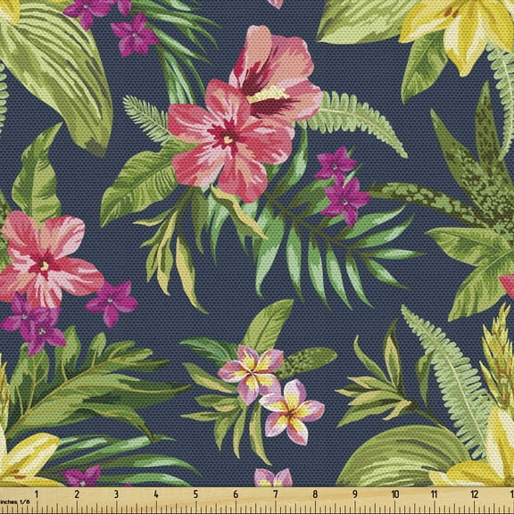 Ambesonne Luau Fabric by the Yard Upholstery, Floral Blooming Jungle, 5 Yards, Multicolor