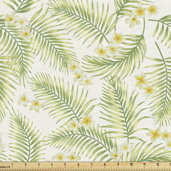 Luau Fabric by the Yard, Exotic Botanical Elements Plumeria and Palm Leaf, Upholstery Fabric for Dining Chairs Home Decor Accents, 2 Yards, Pale Olive Green Mustard by Ambesonne